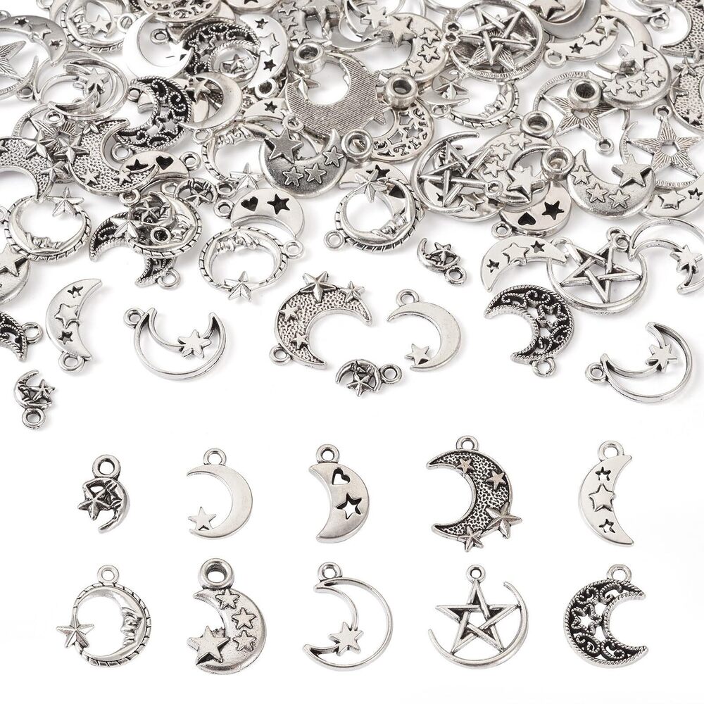 8033 100Pcs Tibetan Style Moon Charms Antique Silver Moon with Star Alloy